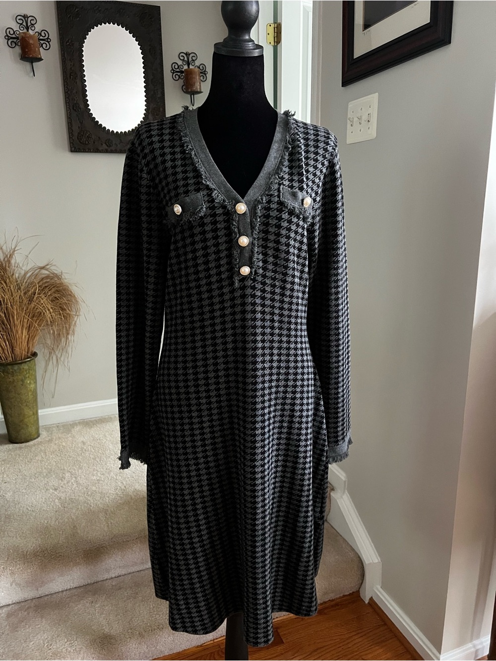 Nanette Lepore Houndstooth Sweater Dress Pearl Button Fringe Black Gray Large